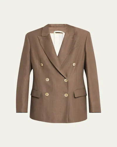Brunello Cucinelli Double-breasted Fluid Linen Twill Blazer In Dark Brown