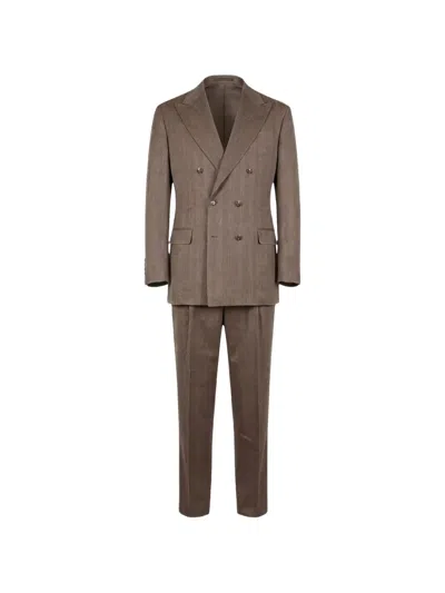 Brunello Cucinelli Double-breasted Herringbone Suit In Brown