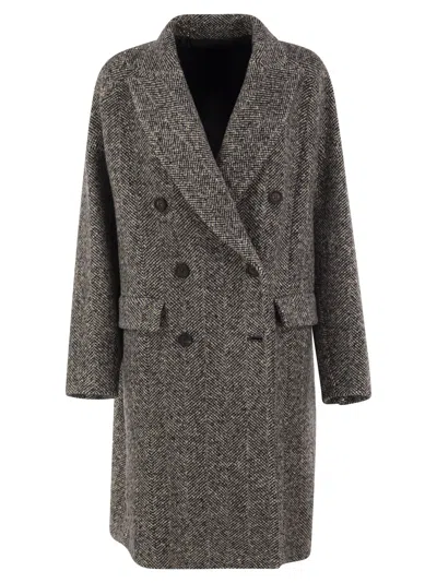 Brunello Cucinelli Double-breasted Herringbone Wool Coat With Sequins In Gray