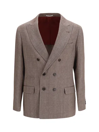 Brunello Cucinelli Linen And Wool Double-breasted Blazer In Brown
