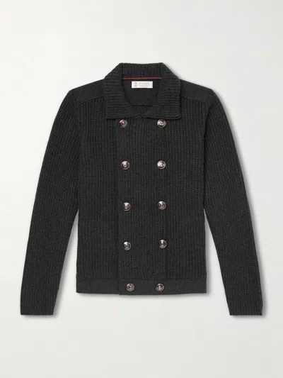 Brunello Cucinelli Cashmere Half English-rib Mariner Cardigan In Black