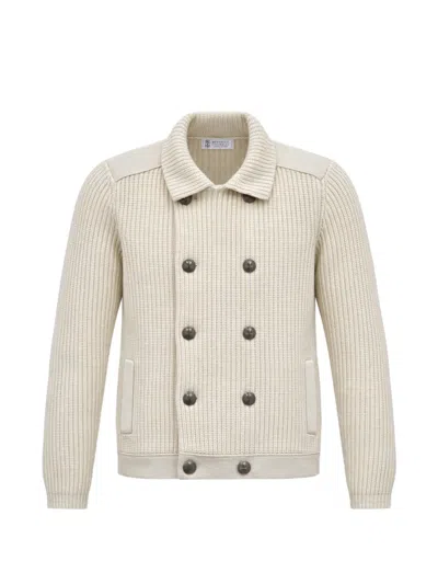 Brunello Cucinelli Double-breasted Ribbed-knit Cardigan In Neutral
