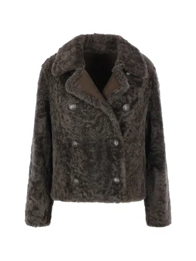 Brunello Cucinelli Double-breasted Shearling Coat In Brown