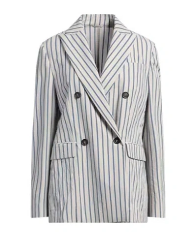 Brunello Cucinelli Double-breasted Striped Suit Jacket In Gray