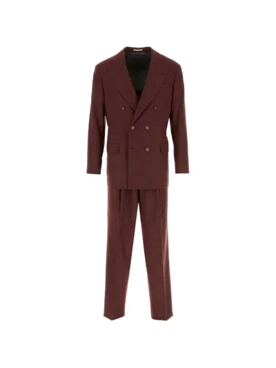Brunello Cucinelli Double-breasted Wool Blend Suit In Burgundy