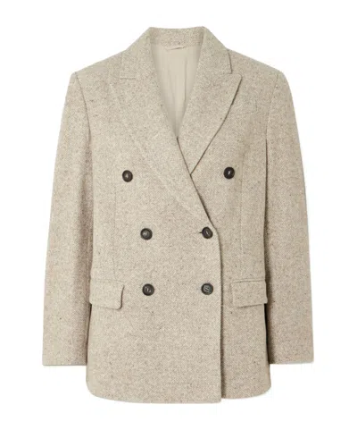 Brunello Cucinelli Double-breasted Wool And Silk-blend Tweed Blazer In Neutral