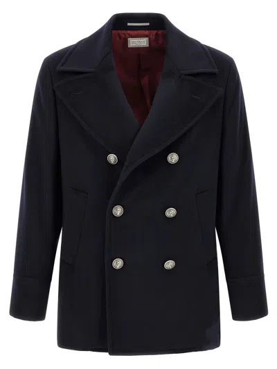 Brunello Cucinelli Double-breasted Wool Peacoat Coat In Navy