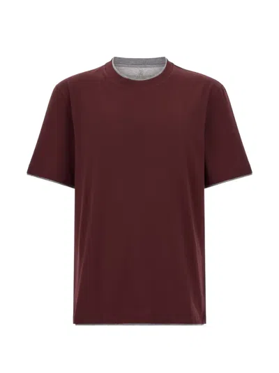 Brunello Cucinelli Crewneck Cotton T-shirt With Contrast Trims In Burgundy