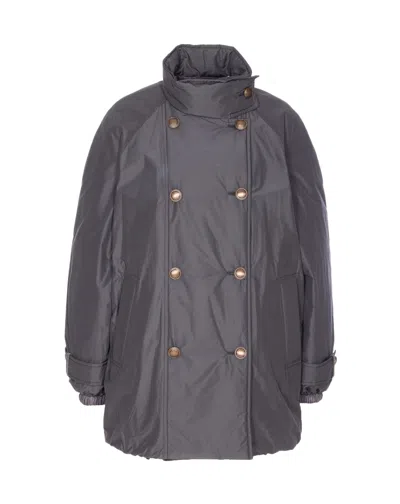 Brunello Cucinelli Double-breasted High Neck Down Jacket In Blue