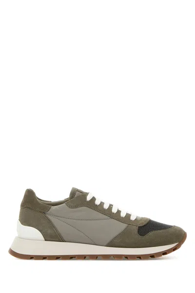 Brunello Cucinelli Dove Grey Suede And Fabric Sneakers In Green