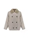 Brunello Cucinelli Beige Double-breasted Jacket With Spread Collar In Tech Fabric Woman In Dove Grey