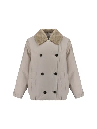 Brunello Cucinelli Beige Double-breasted Jacket With Spread Collar In Tech Fabric Woman In Grey