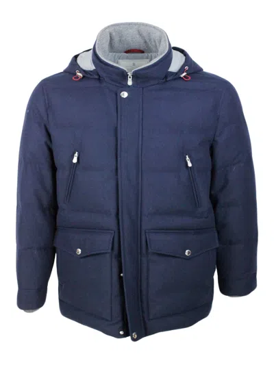Brunello Cucinelli Down Jacket In Wool, Silk And Cashmere Padded With Fine Goose Down With Detachabl In Blu