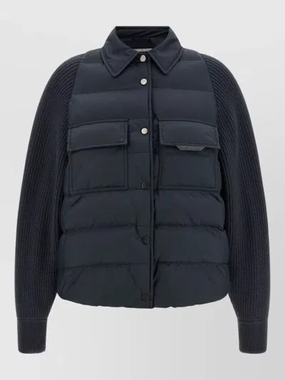 Brunello Cucinelli Down Jacket Knit Sleeves Shirt Collar In Multi