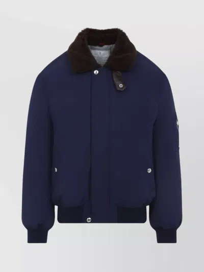 Brunello Cucinelli Down Jacket Nylon Shearling Collar In Blue