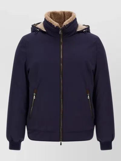 Brunello Cucinelli Padded With Shearling Collar Down Jacket In Blue