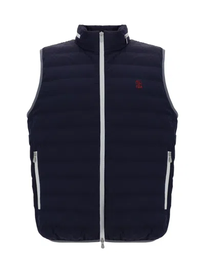 Brunello Cucinelli Sleeveless Nylon Down Jacket With Logo And Removable Hood In Navy