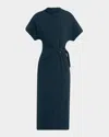 Brunello Cucinelli Drape Short-sleeve Wool Jersey Midi Wrap Dress In Blue