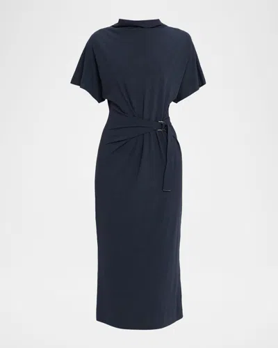Brunello Cucinelli Drape Short-sleeve Wool Jersey Midi Wrap Dress In Blue