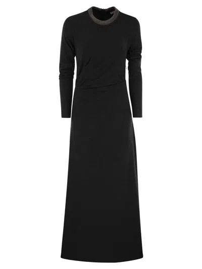 Brunello Cucinelli Draped Dress In Stretch Virgin Wool Jersey With Precious Collar In Anthracite