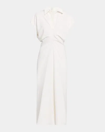 Brunello Cucinelli Draped Linen Twill Ankle Polo Dress With Monili Trim In White