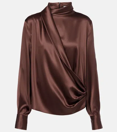 Brunello Cucinelli Draped Silk-blend Satin Blouse In Brown
