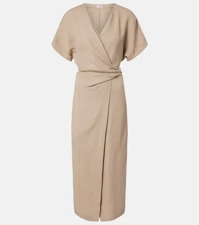 Brunello Cucinelli Bead-embellished Woven Midi Wrap Dress In Neutral
