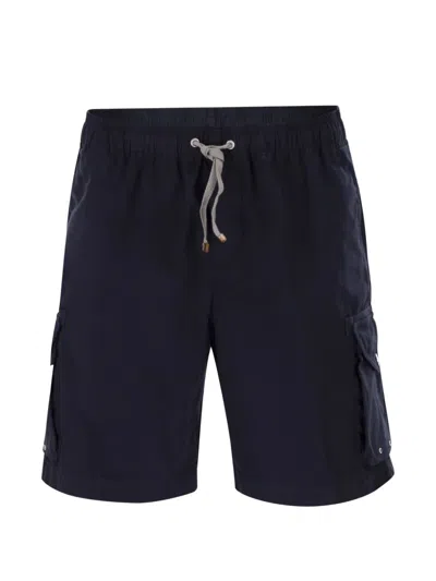 Brunello Cucinelli Men Bermuda Shorts In Garment-dyed Cotton Gabardine With Drawstring And Double Da In Blue