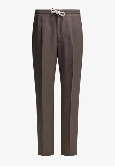 Brunello Cucinelli Drawstring Linen Pants In Brown