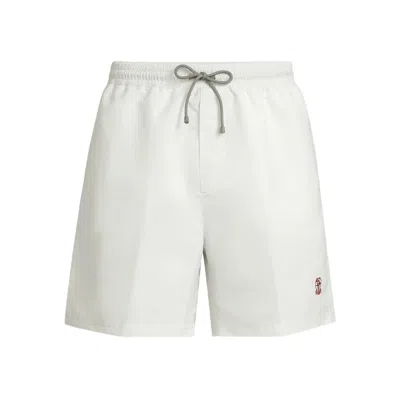 Brunello Cucinelli Drawstring Logo Swim Shorts In White