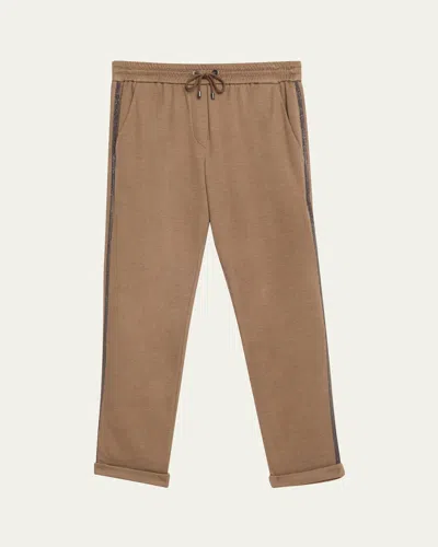 Brunello Cucinelli Drawstring Monili-trim Spa Cotton Silk Joggers In Chocolate Butter