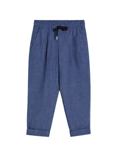 Brunello Cucinelli Kids' Drawstring Pleat Linen Trousers In Blue