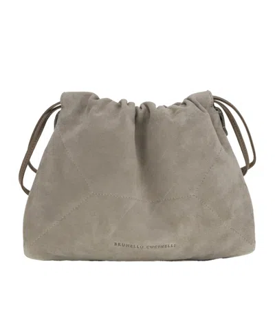 Brunello Cucinelli Drawstring Suede Shoulder Bag In Gray