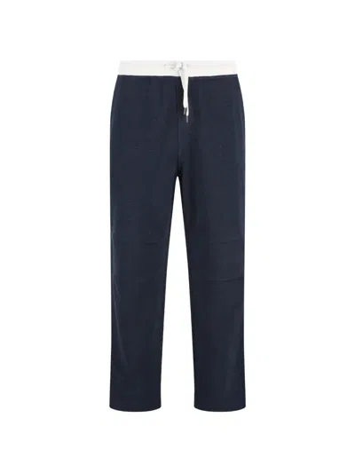 Brunello Cucinelli Men Navy Blue Cotton And Linen Jogger Trousers In Multi