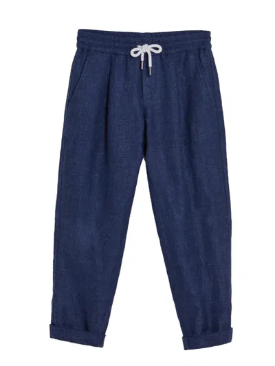 Brunello Cucinelli Drawstring Twill Tapered Trousers In Blue