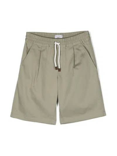 Brunello Cucinelli Kids' Cotton Gabardine Bermuda Shorts With Drawstrings In Green