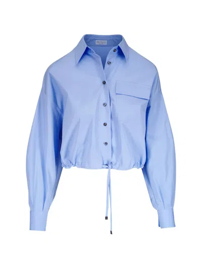 Brunello Cucinelli Drawstring-hem Cropped Shirt In Blue