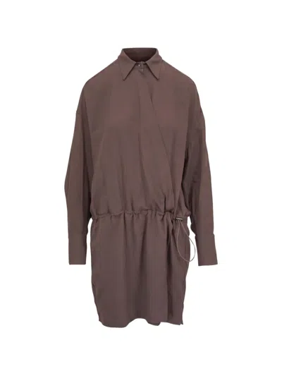 Brunello Cucinelli Fluid Wool Twill Drawstring Mini Dress In Brown