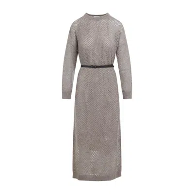 Brunello Cucinelli Long Fitted Dress With Textured Knit In Neutral
