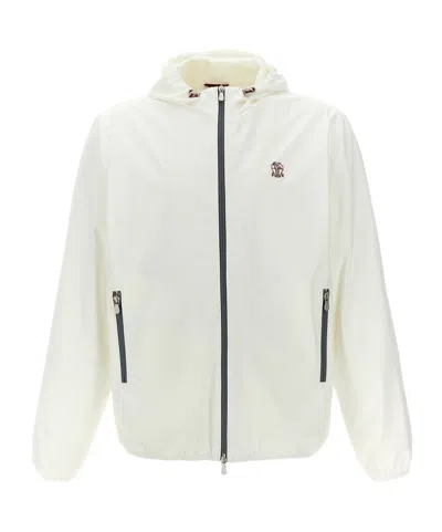 Brunello Cucinelli Waterproof Logo Jacket With Hood And Pockets In White