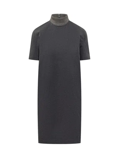 Brunello Cucinelli Monili-collar Shiny Felpa Short-sleeve T-shirt Dress In Grey