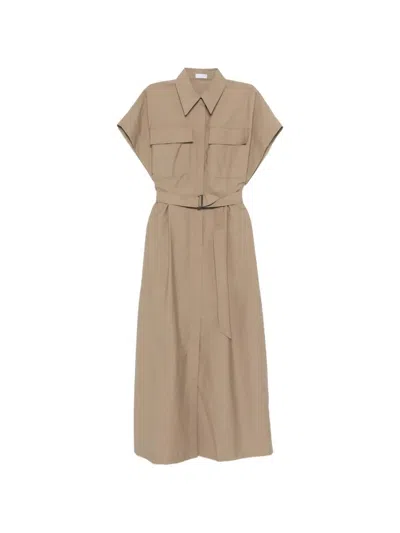 Brunello Cucinelli Women Chemise Dress In Technical Cotton And Nylon Poplin With Belt In Brown