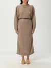 Brunello Cucinelli Hazelnut Color Midi Dress With Waist Belt