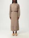 Brunello Cucinelli Hazelnut Color Midi Dress With Waist Belt