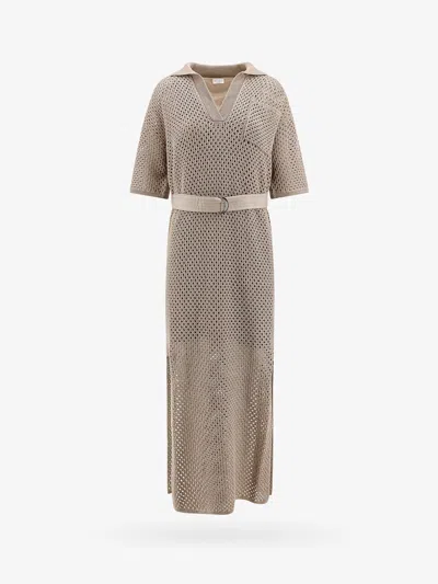 Brunello Cucinelli Belted Open-knit Cotton Midi Dress In Neutrals