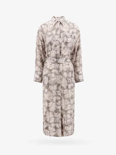 Brunello Cucinelli Women's Silk Ginkgo Print Pongee Shirt Dress With Belt And Shiny Cuff Details In Grey