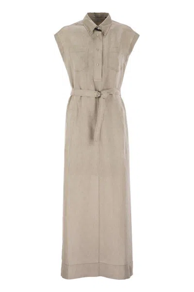 Brunello Cucinelli Dress In Linen With Shiny Collar In Cream