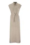 Brunello Cucinelli Dress In Linen With Shiny Collar In Gray