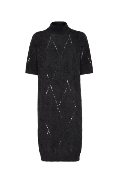 Brunello Cucinelli Sequin Embellished Roll-neck Midi Dress In Dark Grey