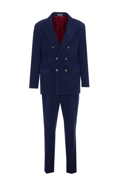 Brunello Cucinelli Men Velvet Ribbed Suit In Blue